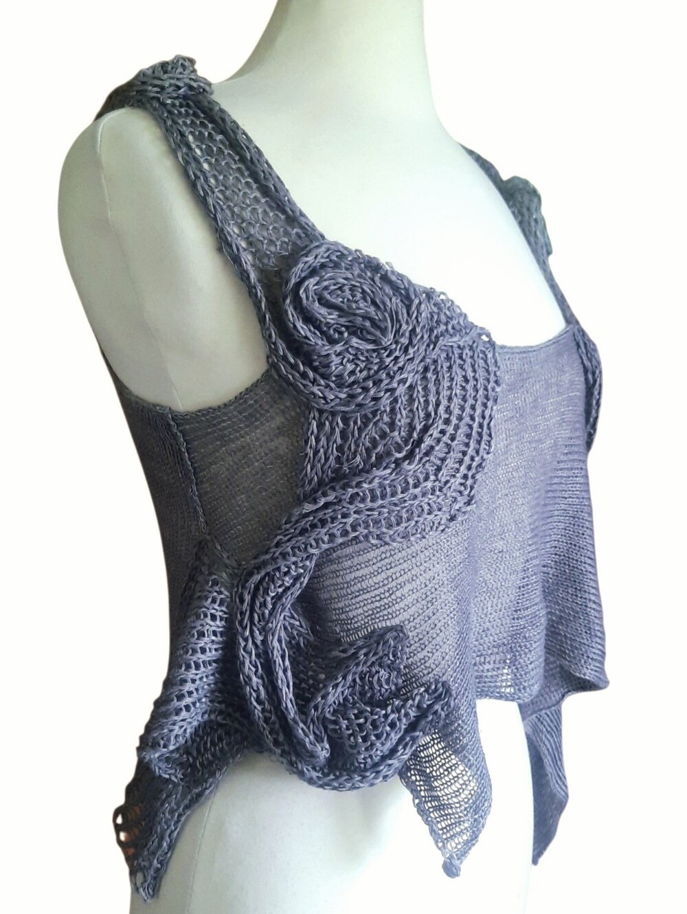 Grey Knitted Linen Pullover Tunic Asymmetric Vest w/Floral Appliqué Sz L